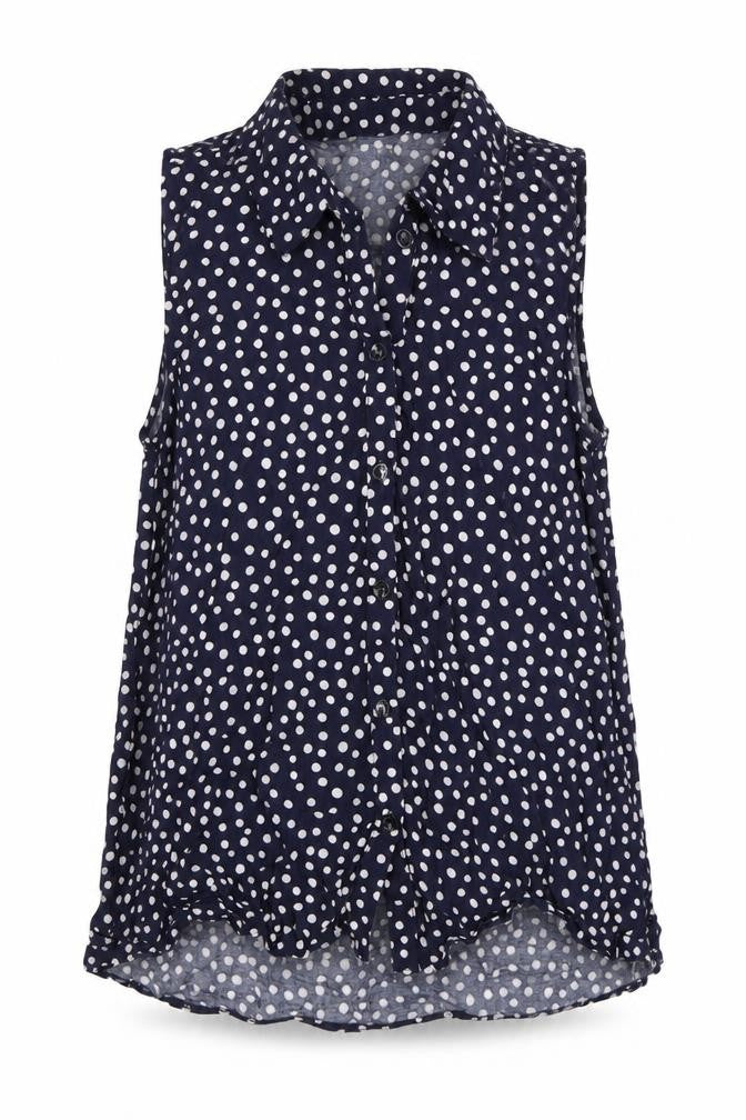 Front view of Nutmeg girls’ blue polka dot basic button-up, size 9-10, years