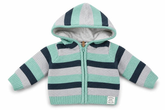 Front view of Pumpkin Patch boys’ green striped jacket, size 3-6, months