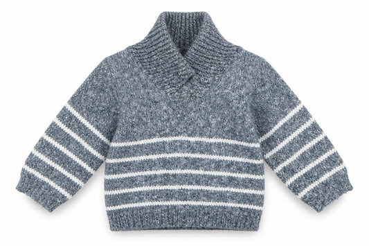 Front view of Early Days boys’ blue jumper, size 3-6, months