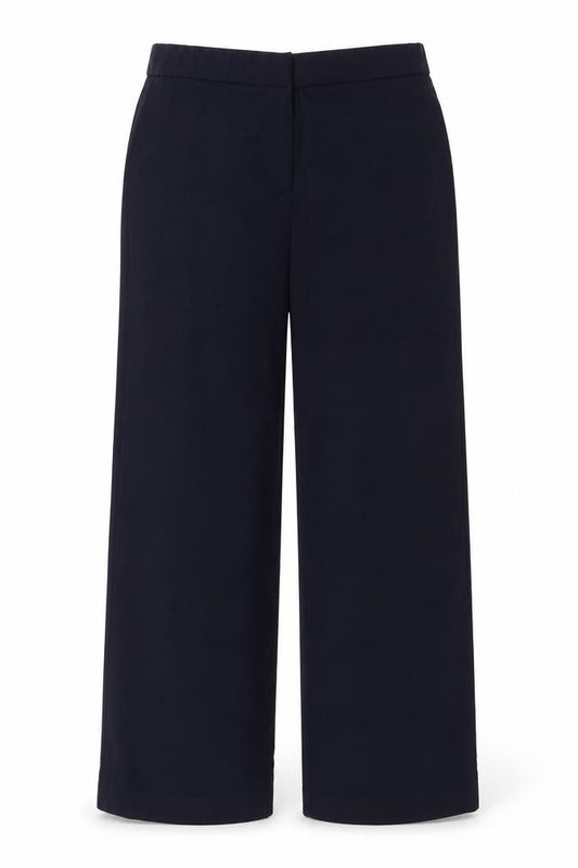 Front view of Label Be women’s blue cropped trousers, size UK 14, 26-inch leg