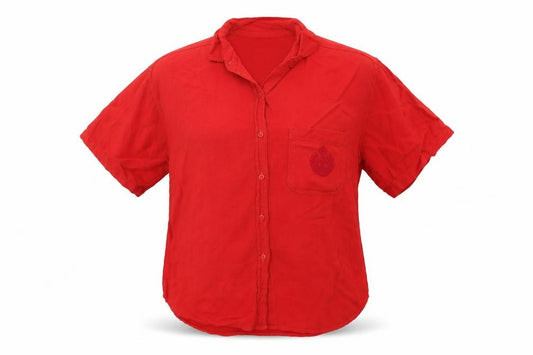 Front view of DETAILS women’s red basic button-up, size L