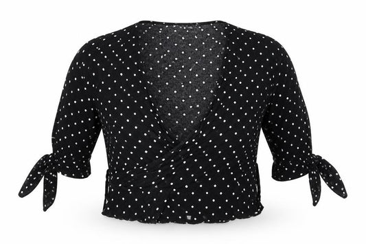 Front view of PRETTYLITTLETHING women’s black polka dot basic blouse, size UK 4