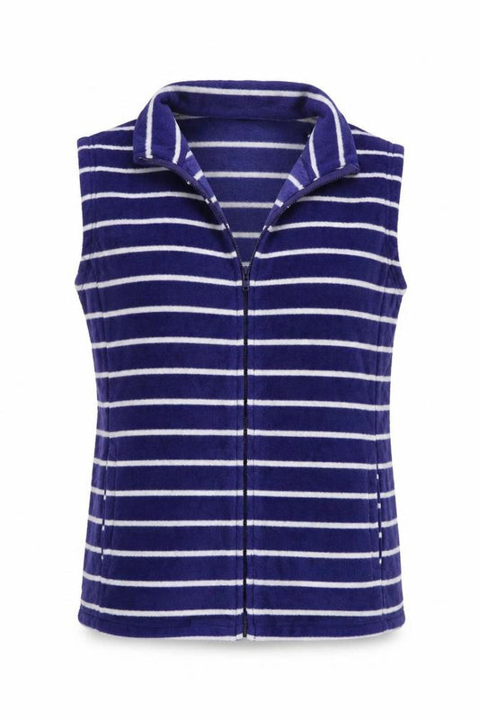 Front view of Original Essentials women’s blue striped gilet coat, size M