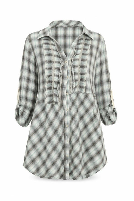 Front view of Mamas women’s green check basic button-up, size UK 10
