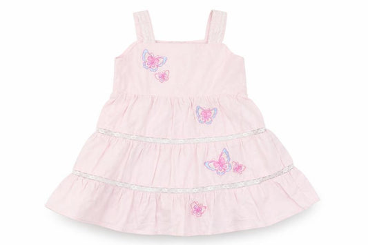 Front view of minibasix girls’ pink pinafore/dungaree dress, size 9-12, months