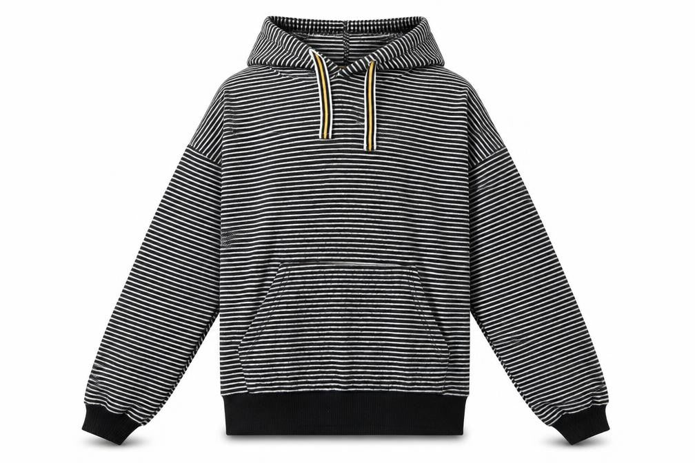 Front view of Love Lounge women’s multicoloured striped pullover hoodie, size XS