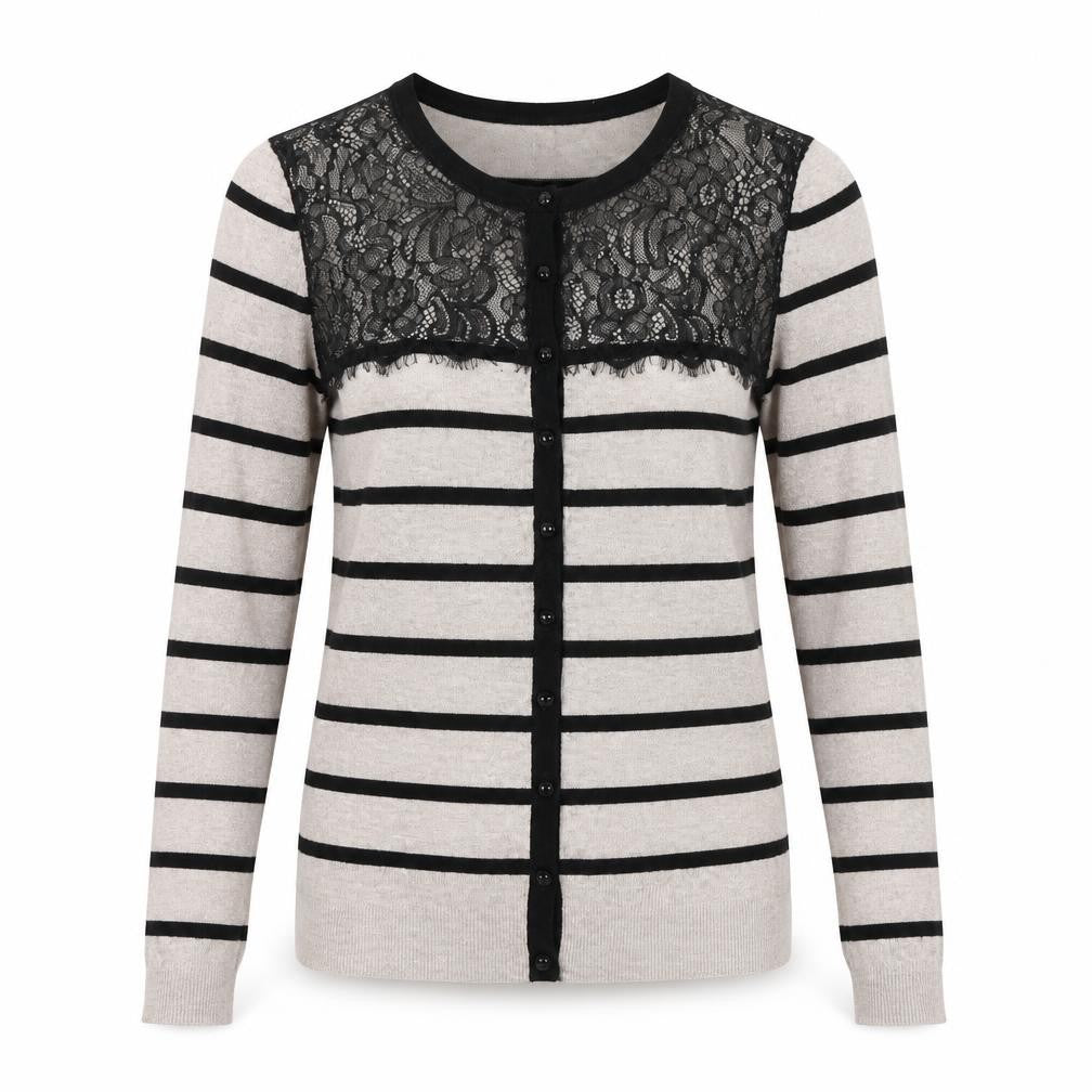 Front view of Marks & Spencer women’s beige striped cardigan jumper, size UK 8