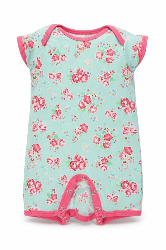 Front view of Mini Club girls’ green floral romper one-piece, size 3-6, months