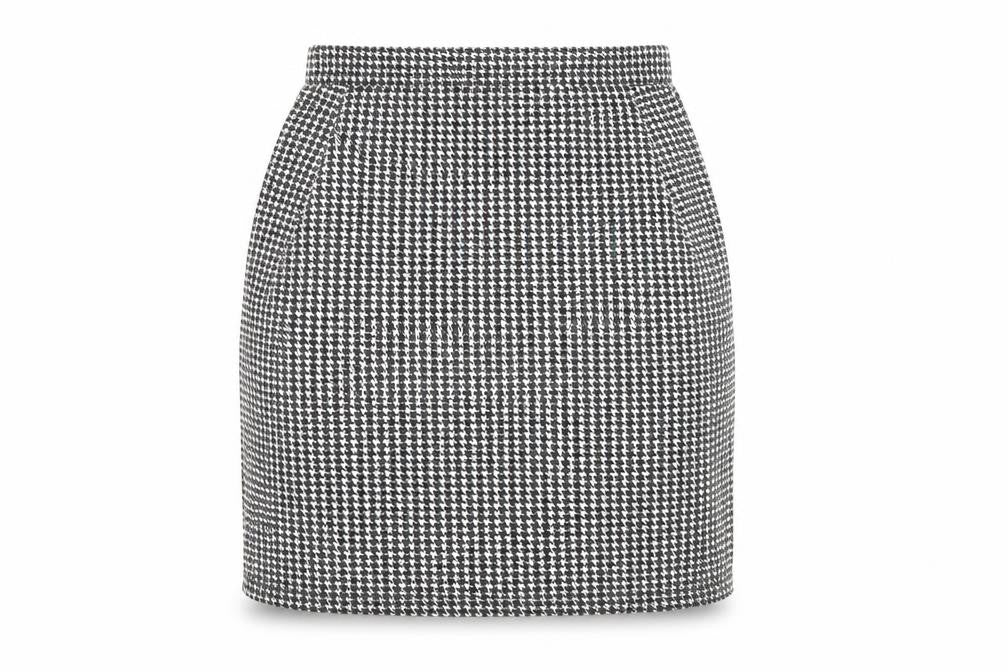 Front view of PRETTYLITTLETHING women’s black herringbone mini skirt, size UK 10
