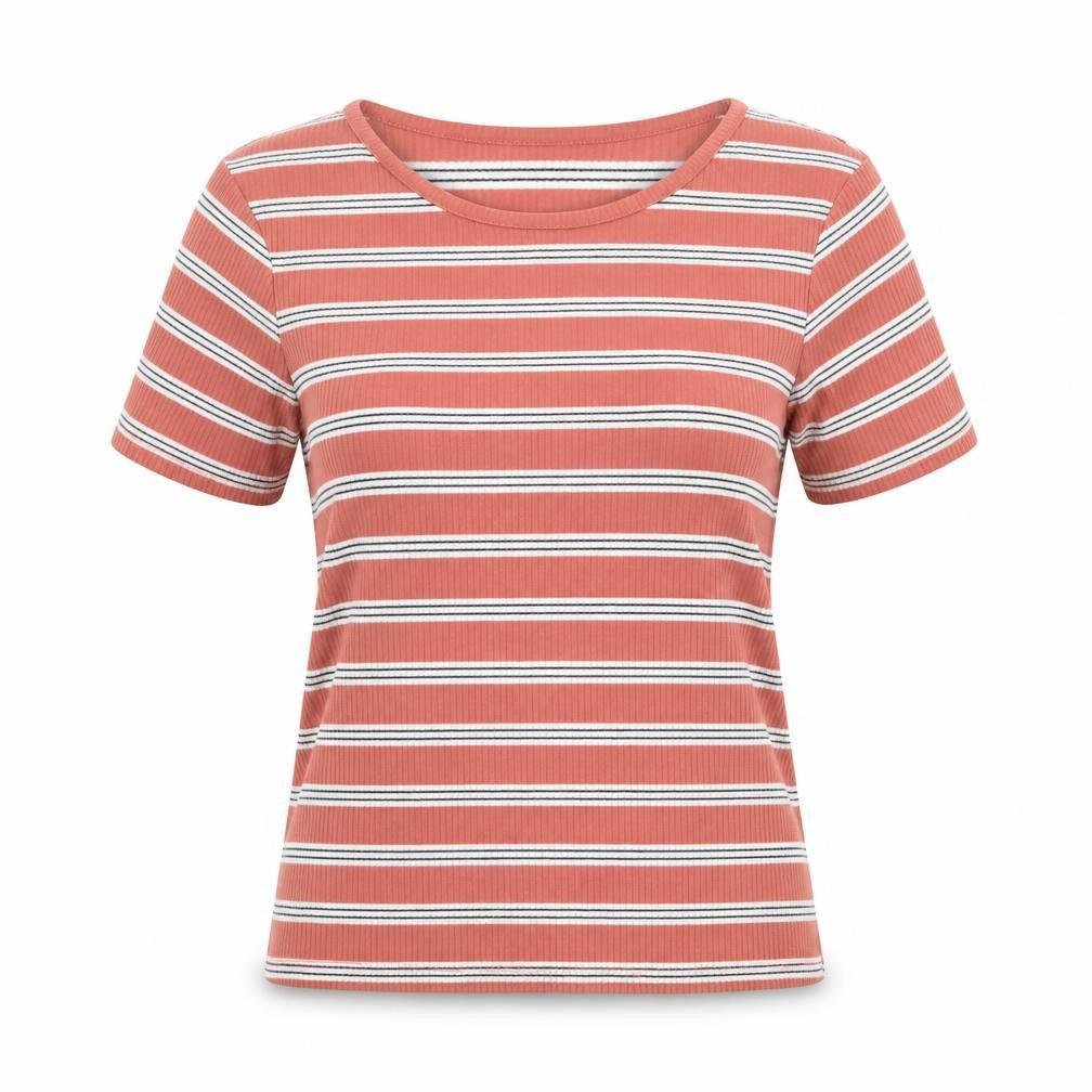 Front view of New Look women’s brown striped basic blouse, size UK 12