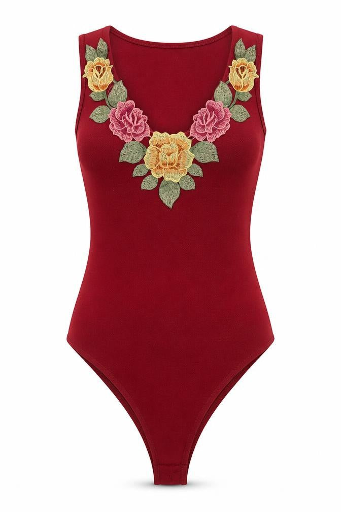 Front view of Boohoo women’s red bodysuit one-piece, size S