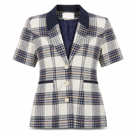 Front view of Boulevard women’s beige plaid jacket blazer, size UK 14