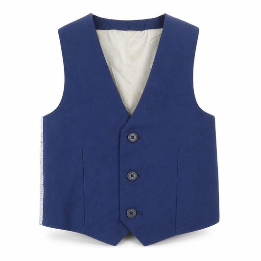 Front view of River Islan boys’ blue jacket waistcoat, size 3-4, years