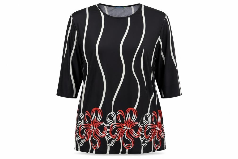 Front view of KOOPOL women’s black geometric basic t-shirt one size