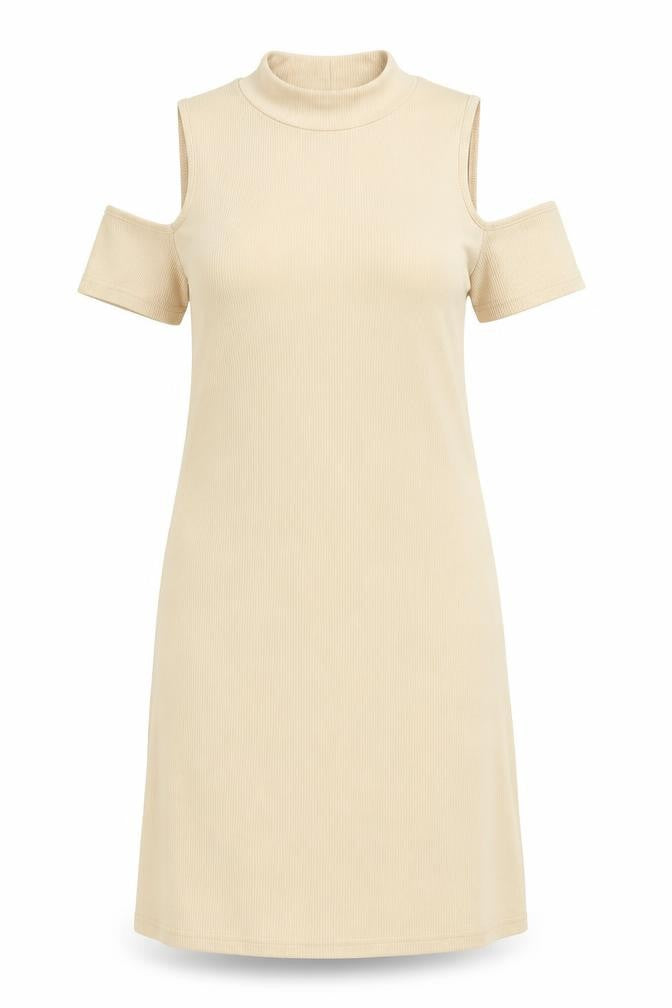 Front view of Miss Selfridge women’s beige colourblock a-line, size UK 8