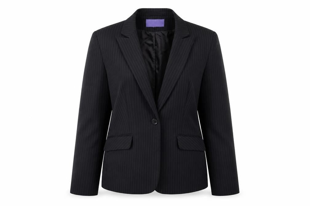 Front view of Autonomy women’s black striped jacket blazer, size UK 12