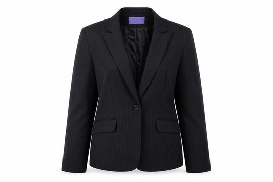 Front view of Autonomy women’s black striped jacket blazer, size UK 12