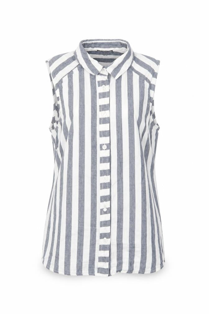 Front view of Wearhouse women’s blue striped basic t-shirt, size UK 8