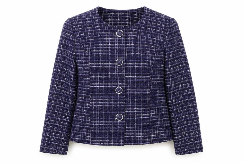 Front view of EWM women’s blue jacket blazer, size UK 14