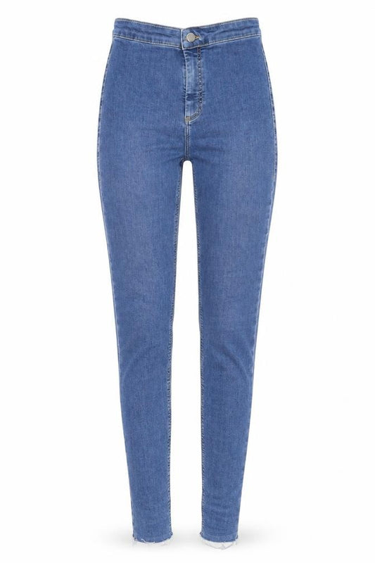 Front view of Topshop women’s blue denim skinny jeans, size UK 26, in, 30-inch leg - distressed hem