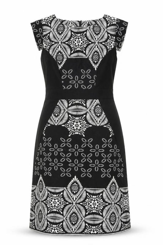 Front view of women’s black floral a-line, size UK 12
