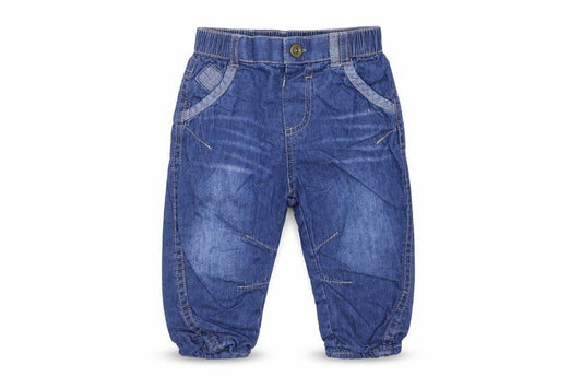 Front view of Nutmeg boys’ blue jogger jeans, size 6-9, months - elastic waist band