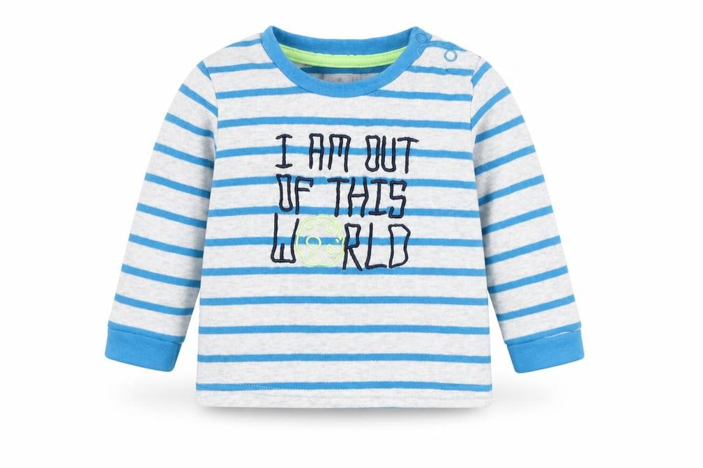 Front view of Primark boys’ blue striped jumper, size 6-9, months