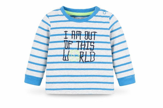 Front view of Primark boys’ blue striped jumper, size 6-9, months