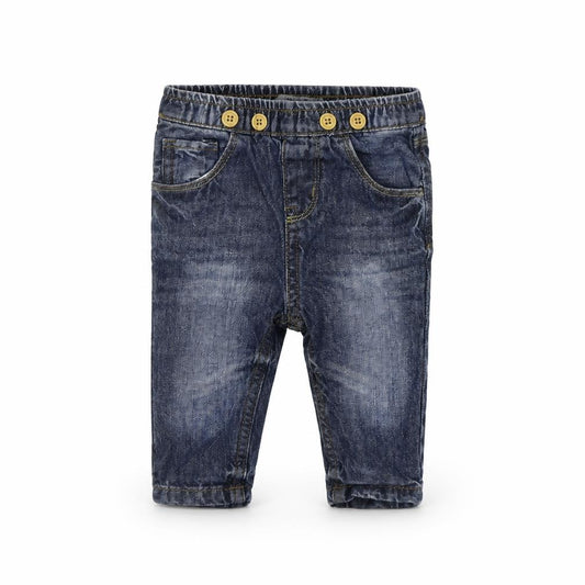 Front view of Peacocks boys’ blue jogger jeans, size 6-9, months