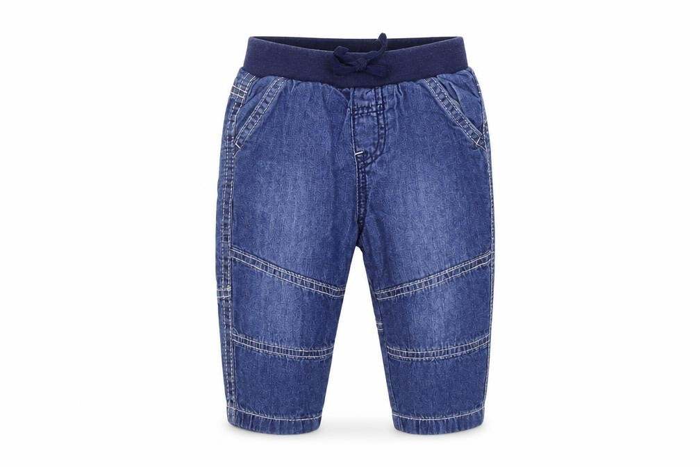 Front view of Tu boys’ blue jogger jeans, size 6-9, months