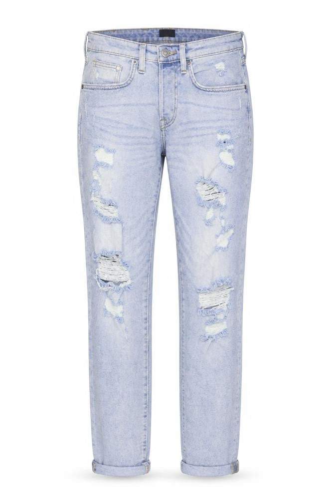 Front view of H&M women’s blue straight jeans, size UK 30, in, 26-inch leg