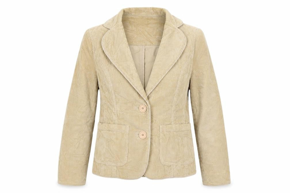 Front view of Etam women’s beige corduroy jacket, size UK 10