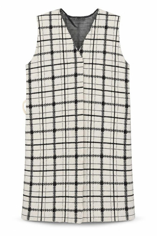 Front view of Primark women’s beige check wrap jumper, size UK 6