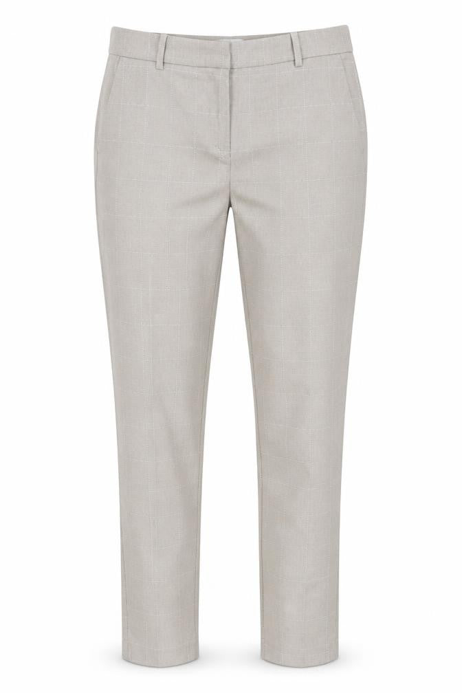 Front view of H&M women’s beige plaid trousers, size UK 6, 25-inch leg