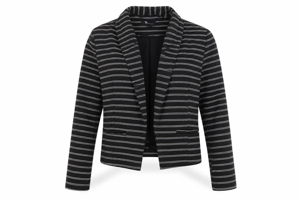 Front view of Atmosphere women’s black striped jacket, size UK 10