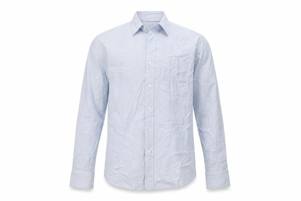 Front view of H&M men’s blue striped dress shirt, size M
