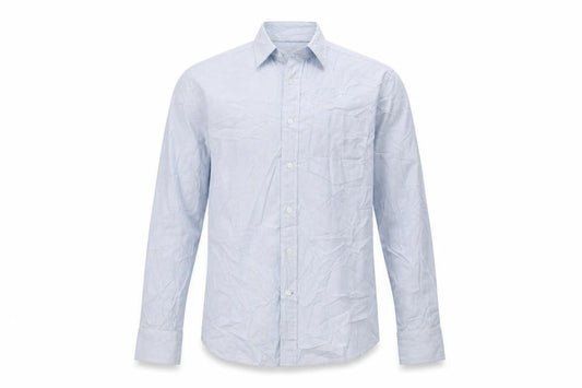 Front view of H&M men’s blue striped dress shirt, size M