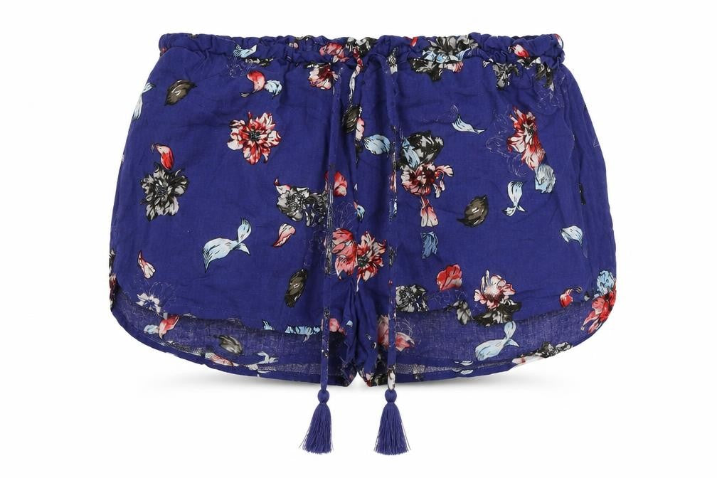 Front view of Primark women’s blue floral hot pants shorts, size UK 10