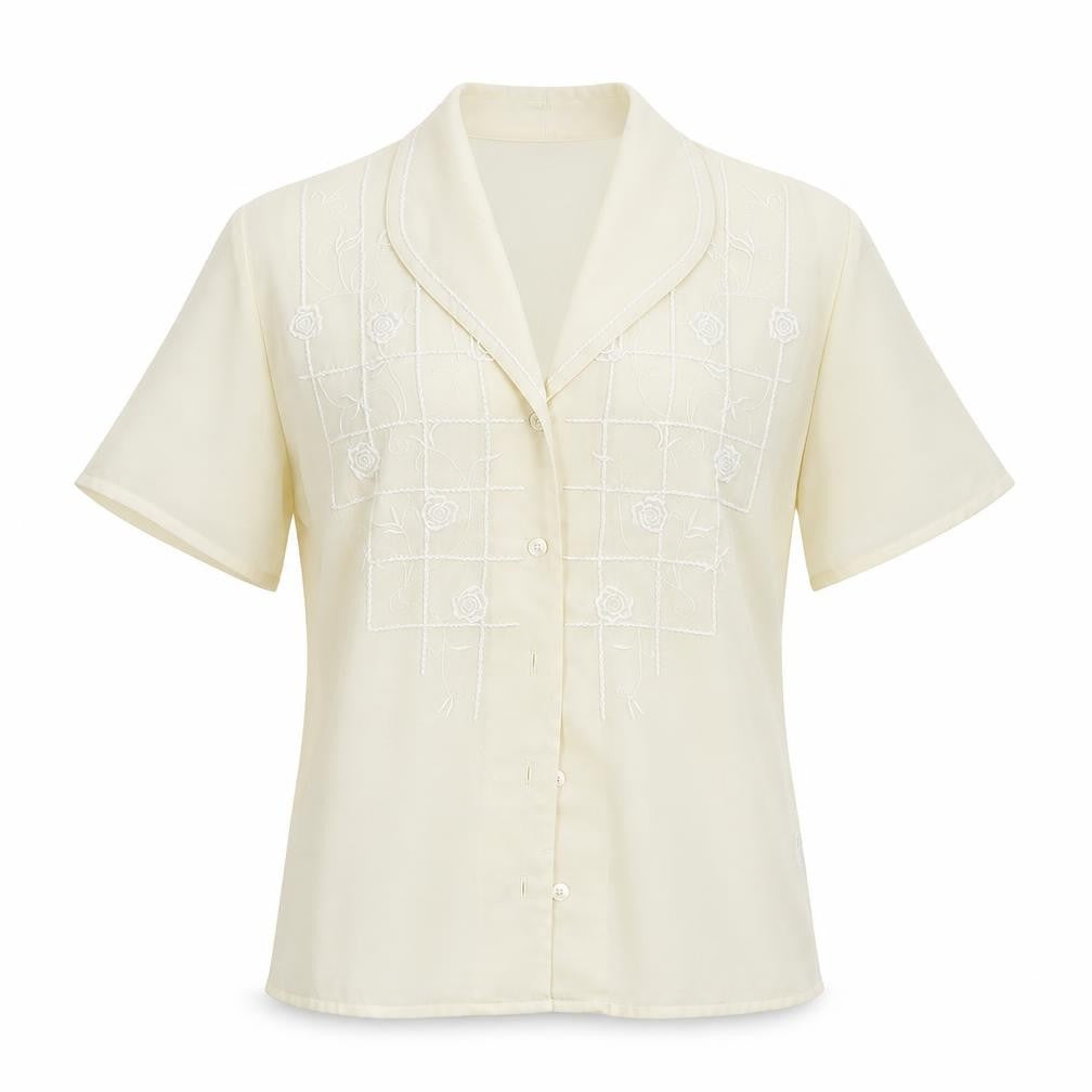 Front view of Petite women’s ivory floral basic button-up, size UK 8