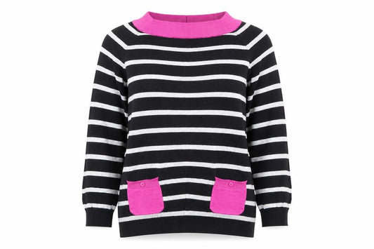Front view of M&Co women’s multicoloured striped jumper, size UK 10