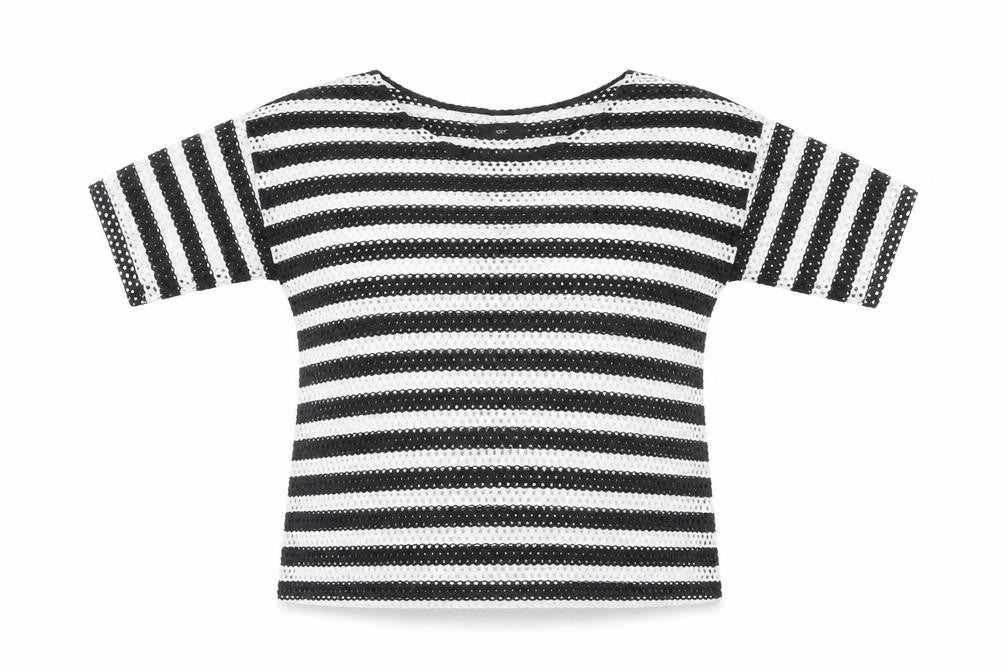 Front view of Next women’s black striped basic t-shirt, size UK 12