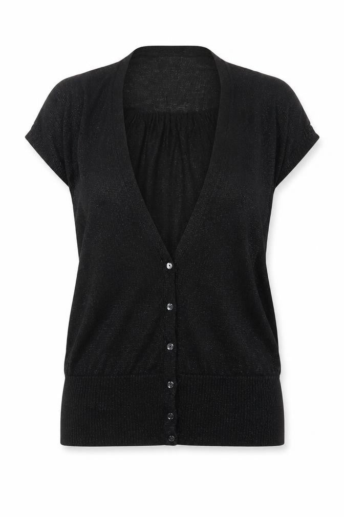 Front view of Warehouse women’s black cardigan jumper, size UK 6