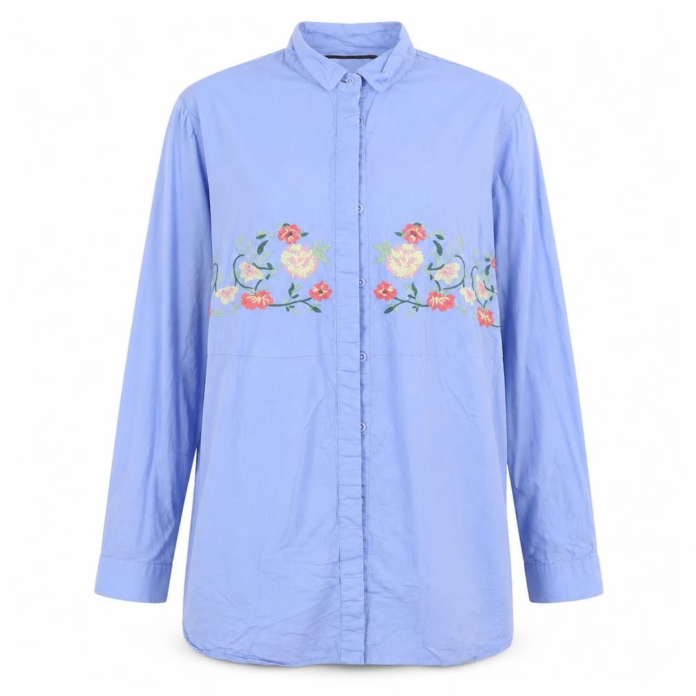 Front view of B. You women’s blue basic button-up, size UK 12