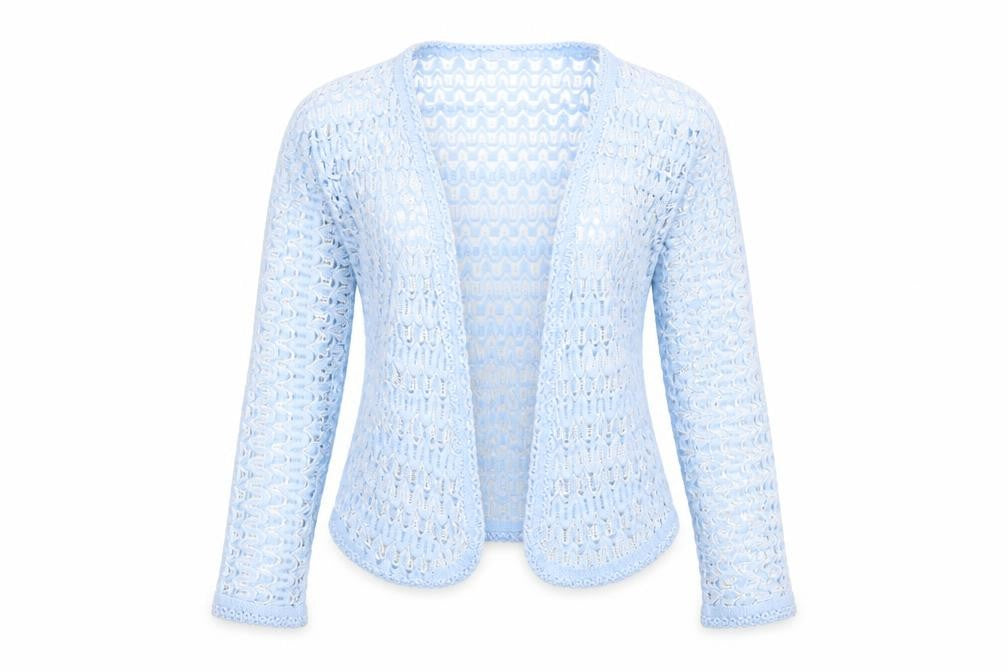 Front view of Preworn women’s blue knit cardigan jumper, size M