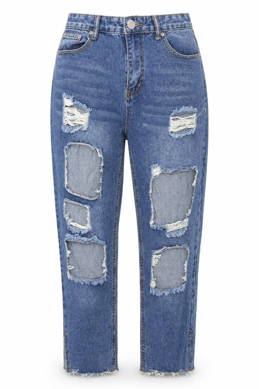 Front view of Nasty Gal women’s blue denim mom jeans, size UK 8, 23.5-inch leg