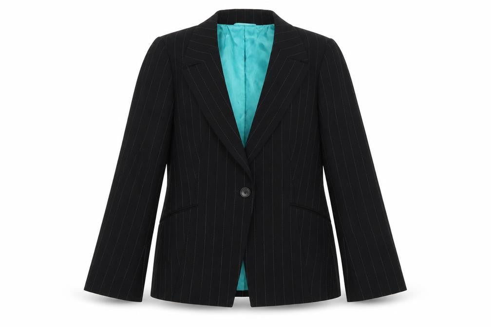 Front view of Planet women’s black striped jacket suit jacket, size UK 14