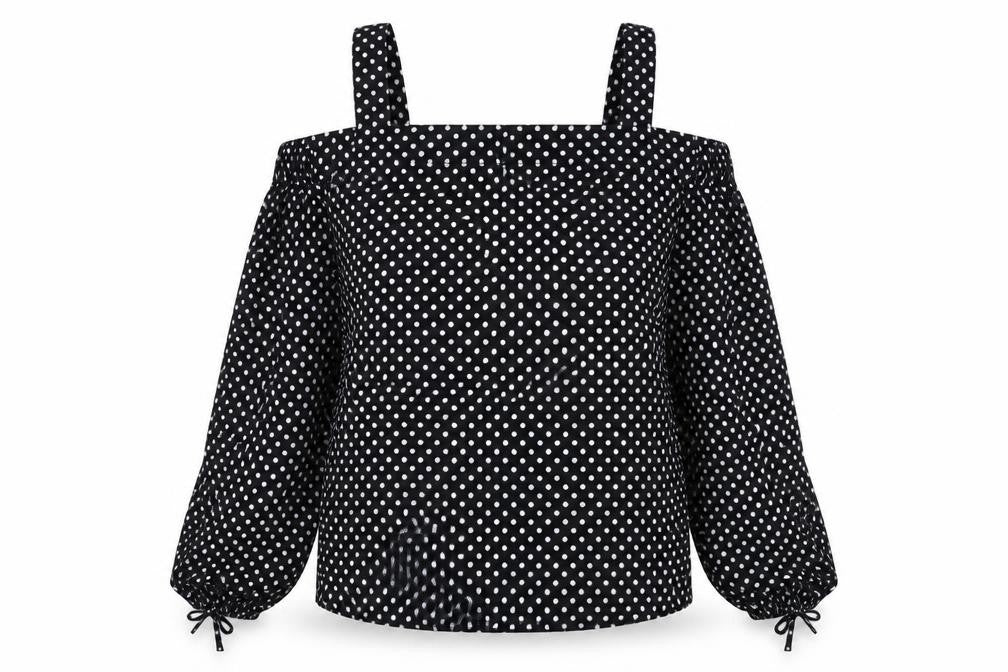 Front view of Atmosphere women’s black polka dot basic blouse, size UK 10
