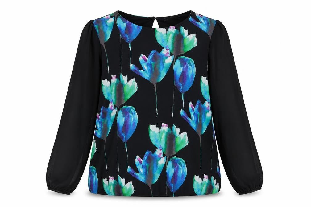 Front view of Quiz women’s black floral basic blouse, size UK 10
