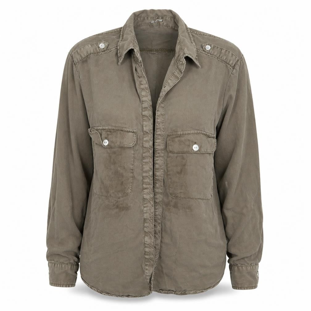 Front view of Pimkle women’s brown basic button-up, size L