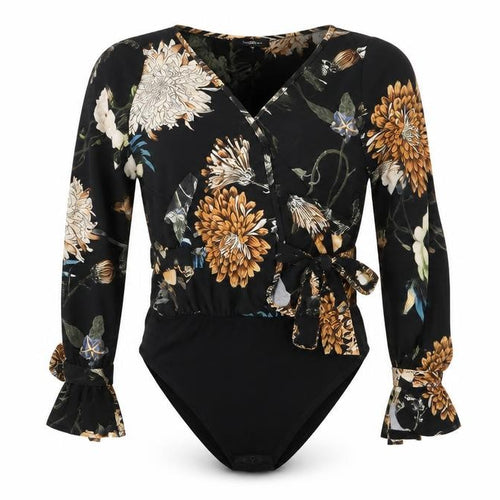 Boohoo Womens Black Floral  Bodysuit One-Piece Size 8